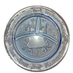 Vintage See-Saw Margery Daw Child's Divided Plate Dish Glass Blue Teal